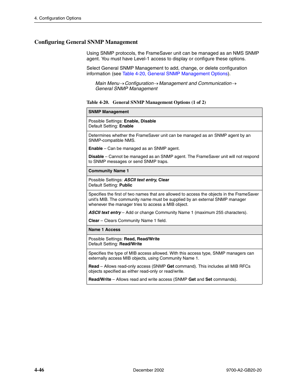 Configuring general snmp management, Table 4-20, general snmp management options | Paradyne 9788 User Manual | Page 86 / 340