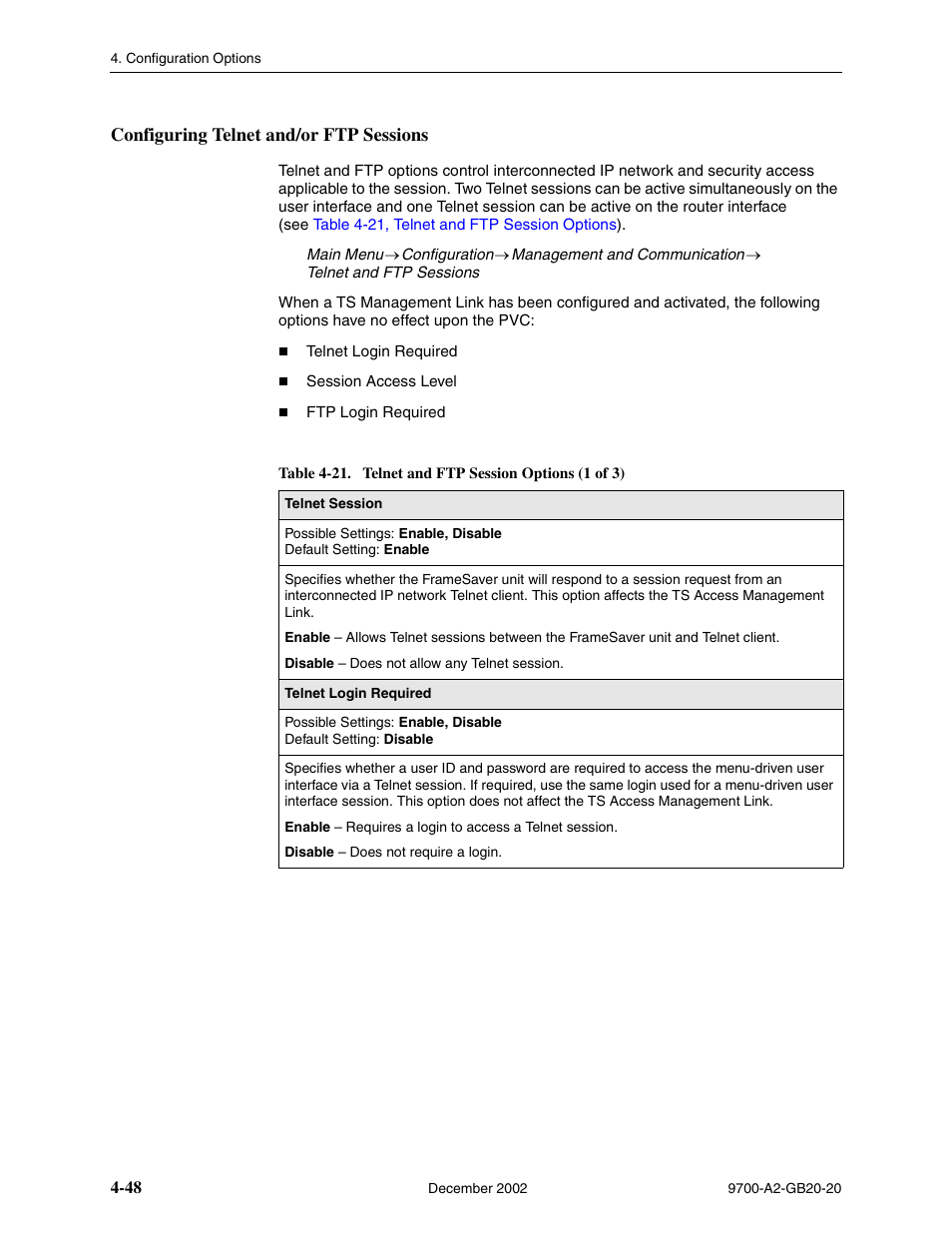 Configuring telnet and/or ftp sessions, Table 4-21, telnet and ftp session options | Paradyne 9788 User Manual | Page 88 / 340