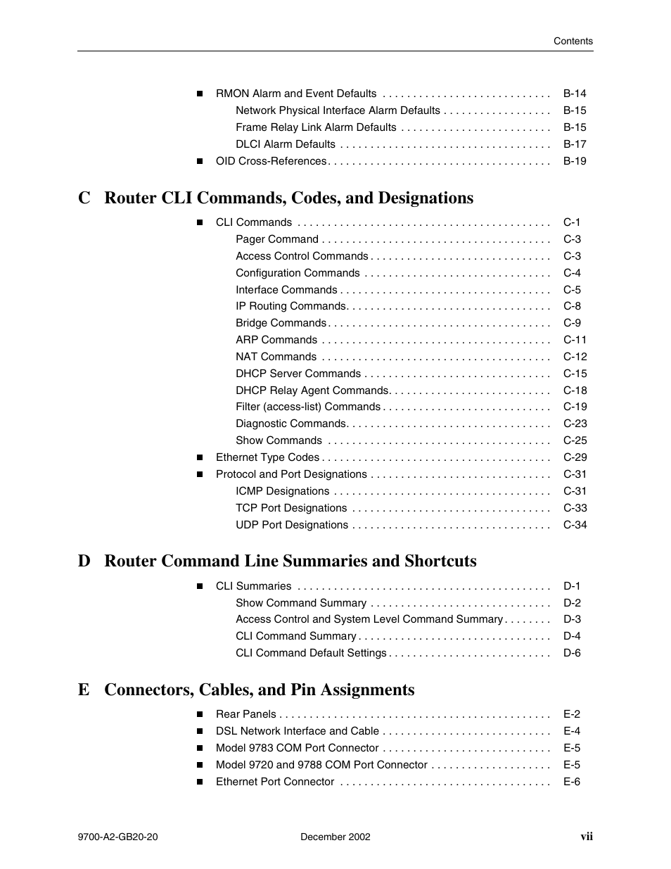 C router cli commands, codes, and designations, D router command line summaries and shortcuts, E connectors, cables, and pin assignments | Paradyne 9788 User Manual | Page 9 / 340