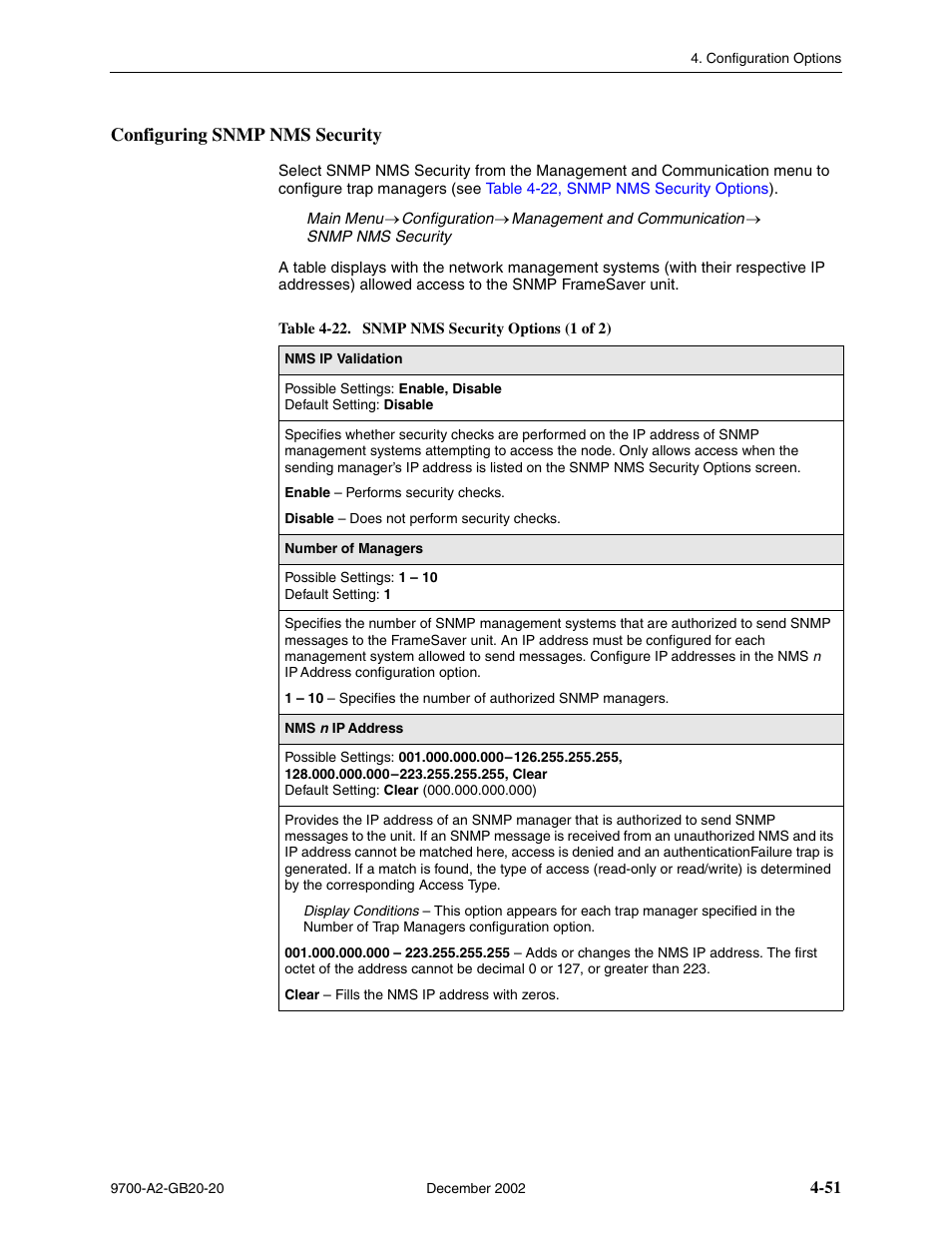 Configuring snmp nms security, Table 4-22, snmp nms security options | Paradyne 9788 User Manual | Page 91 / 340