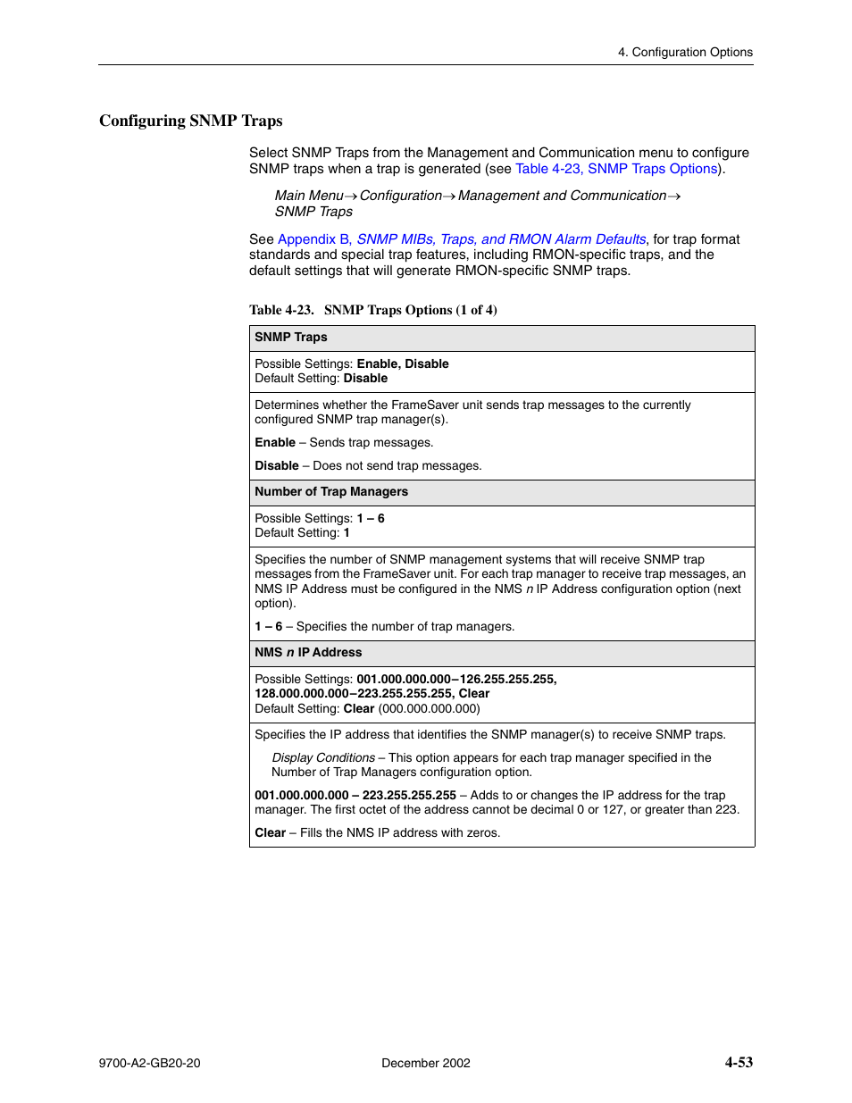 Configuring snmp traps, Table 4-23, snmp traps options | Paradyne 9788 User Manual | Page 93 / 340