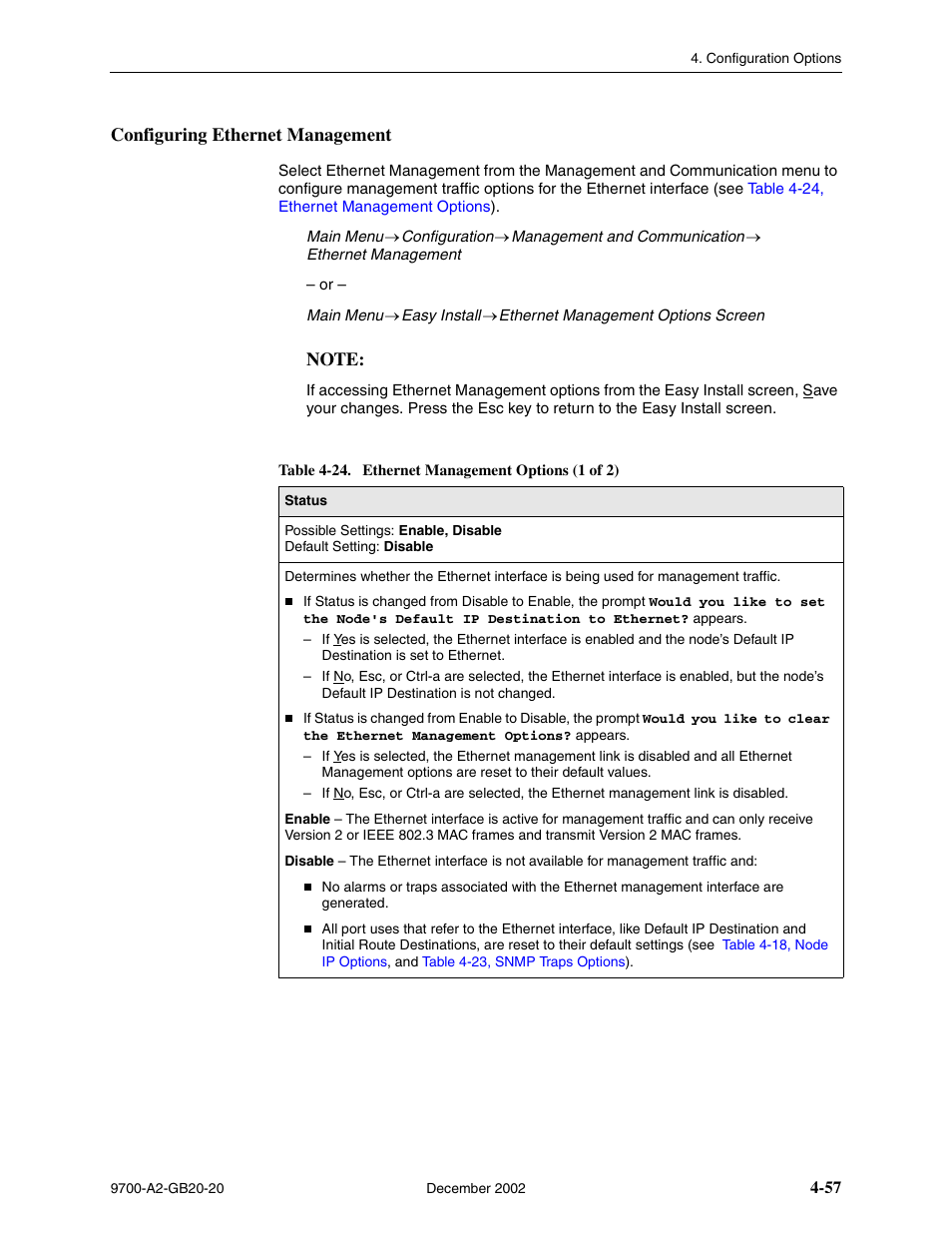 Configuring ethernet management, Table 4-24, ethernet management options | Paradyne 9788 User Manual | Page 97 / 340