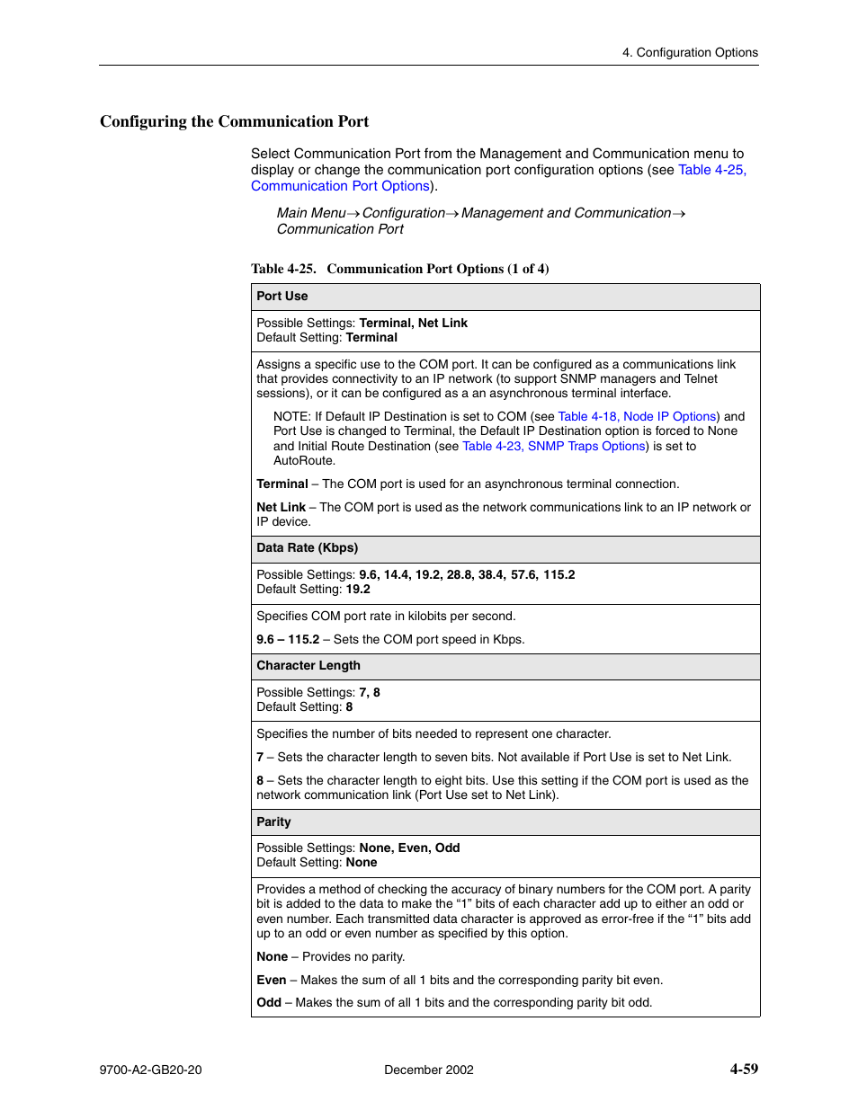 Configuring the communication port, Table 4-25, communication port options | Paradyne 9788 User Manual | Page 99 / 340