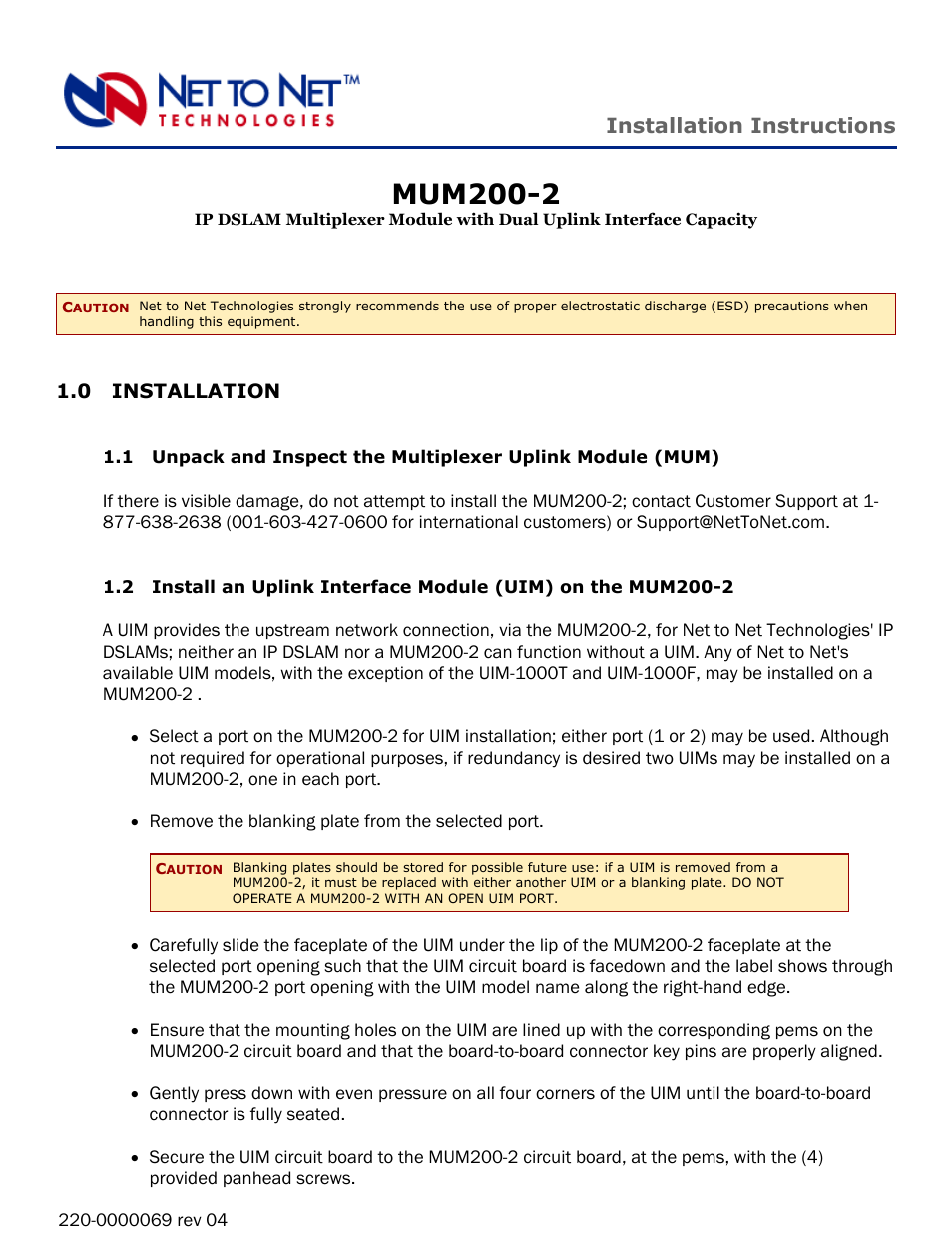 Paradyne IP DSLAM Multiplexer Module MUM200-2 User Manual | 4 pages