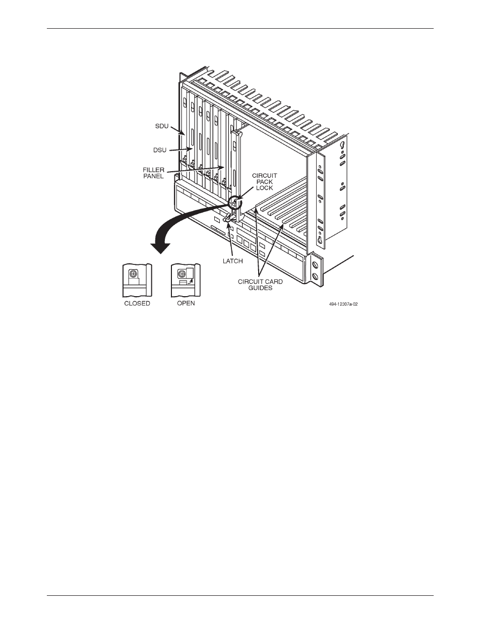 Model 3511 dsu installation and circuit pack lock, Figure 4-4, Open the latch | Contains the rear connector plate (see | Paradyne 3510 User Manual | Page 48 / 85