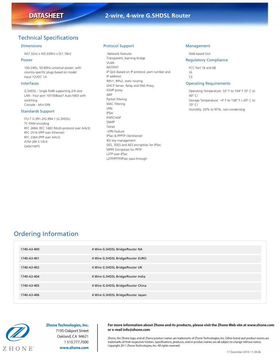 Ordering information, Wire, 4-wire g.shdsl router, Technical specifications | Dimensions, Power, Interfaces, Standards support, Protocol support, Management, Regulatory compliance | Paradyne 1740-A3-xxx User Manual | Page 2 / 2