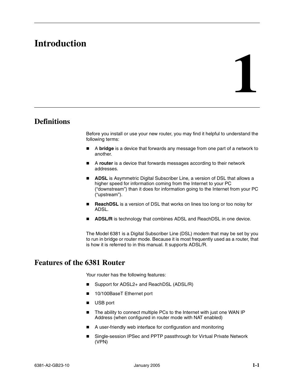 Introduction, Definitions, Features of the 6381 router | Chapter 1, introduction | Paradyne 6381-A3 User Manual | Page 13 / 78