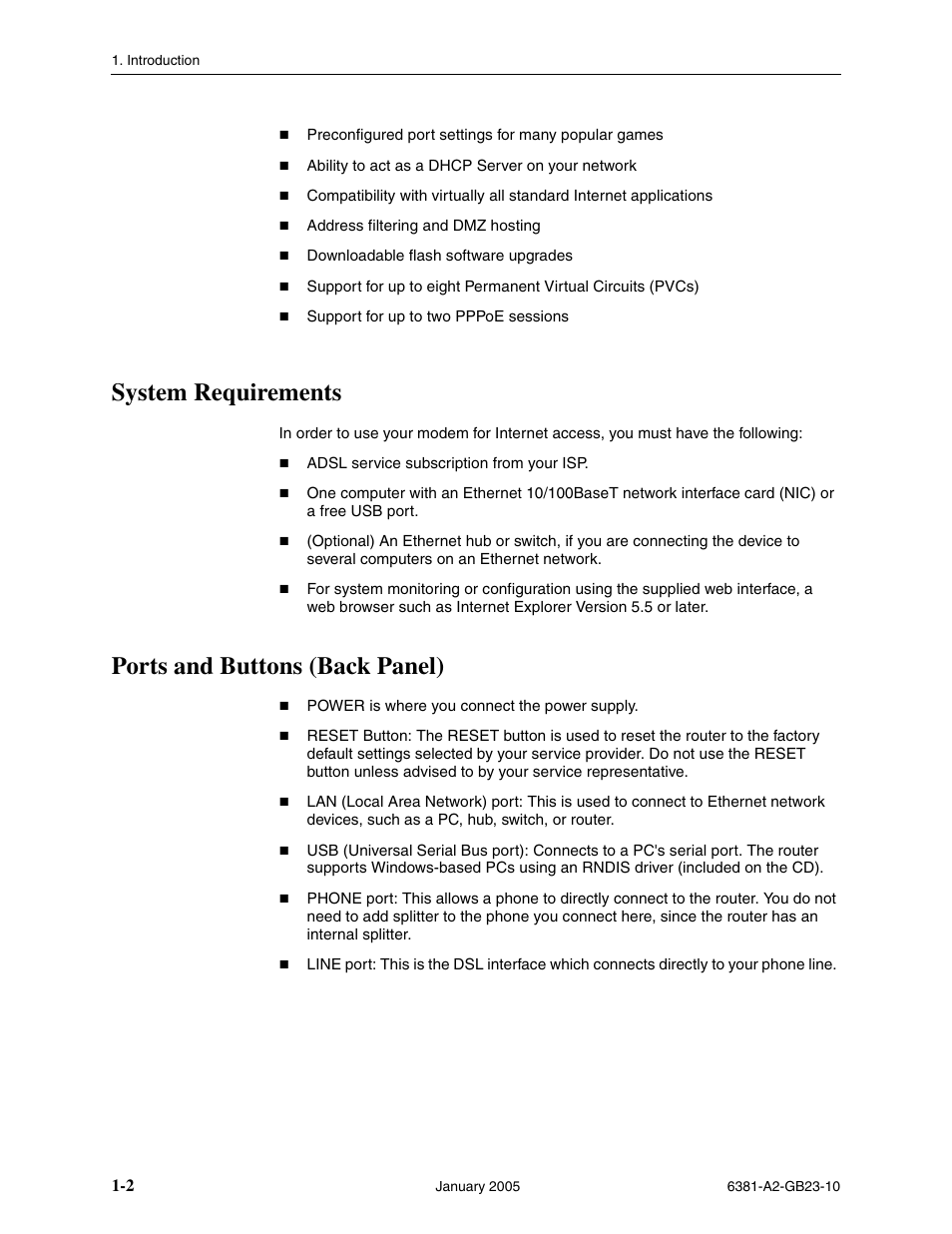 System requirements, Ports and buttons (back panel) | Paradyne 6381-A3 User Manual | Page 14 / 78