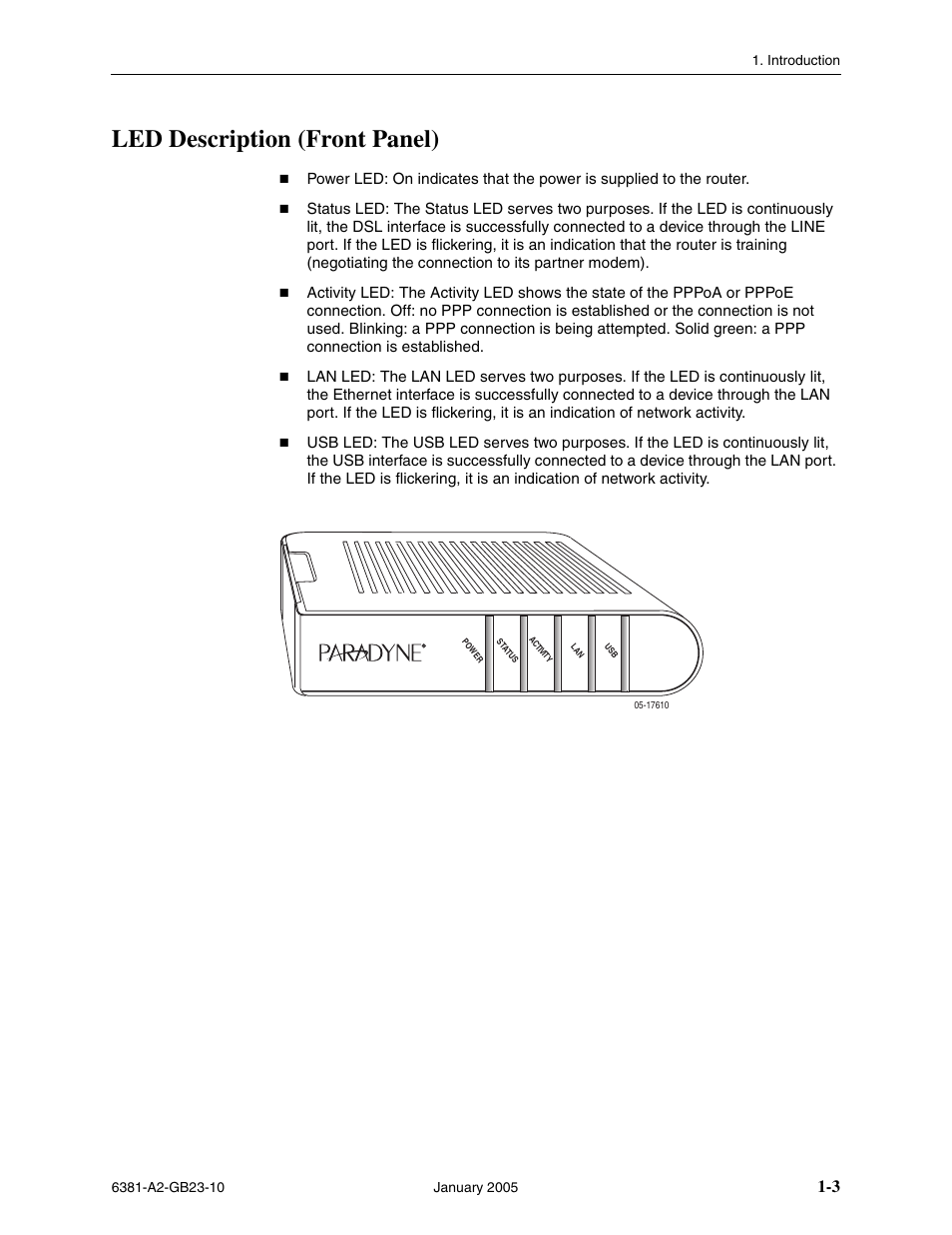 Led description (front panel) | Paradyne 6381-A3 User Manual | Page 15 / 78