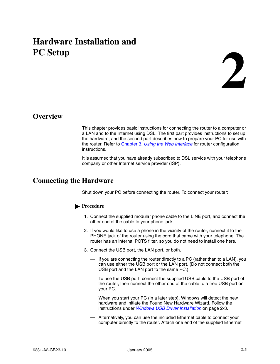 Hardware installation and pc setup, Overview, Connecting the hardware | Chapter 2, hardware installation and pc setup | Paradyne 6381-A3 User Manual | Page 17 / 78
