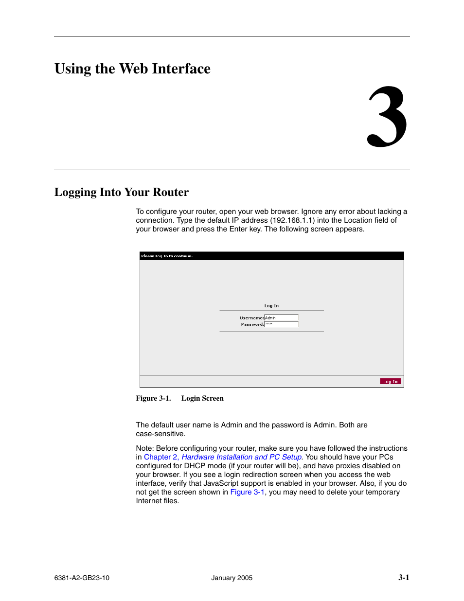 Using the web interface, Logging into your router, Chapter 3, using the web interface | Paradyne 6381-A3 User Manual | Page 29 / 78