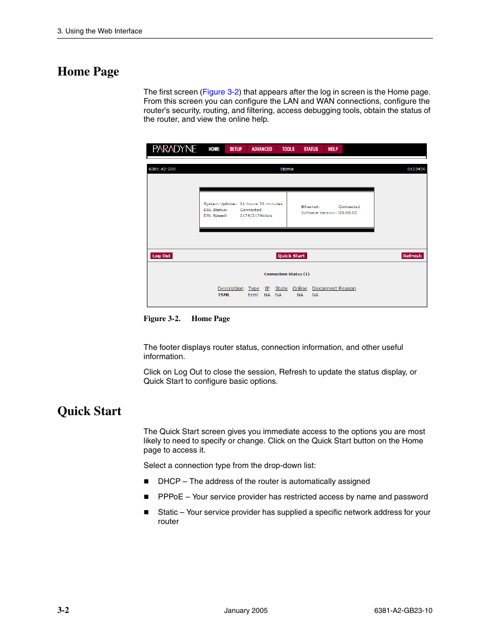 Quick start, Home page | Paradyne 6381-A3 User Manual | Page 30 / 78