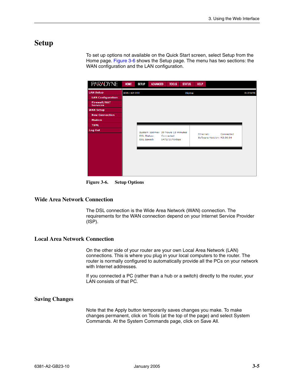 Setup, Wide area network connection, Local area network connection | Saving changes | Paradyne 6381-A3 User Manual | Page 33 / 78