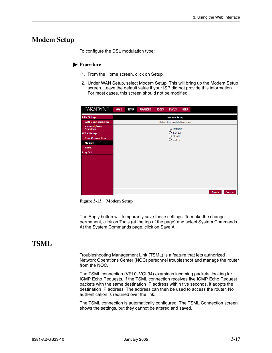 Modem setup, Tsml | Paradyne 6381-A3 User Manual | Page 45 / 78