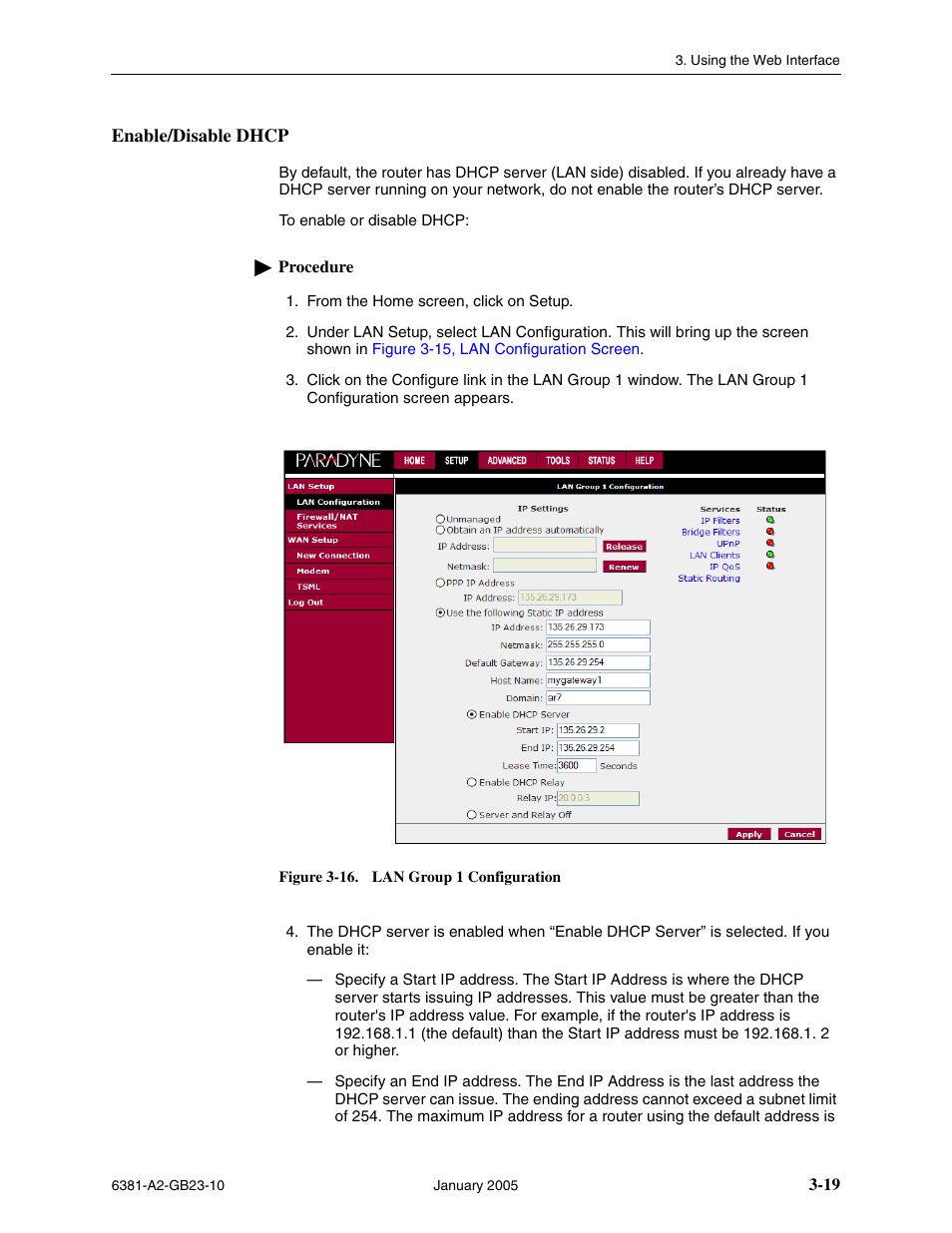 Enable/disable dhcp | Paradyne 6381-A3 User Manual | Page 47 / 78