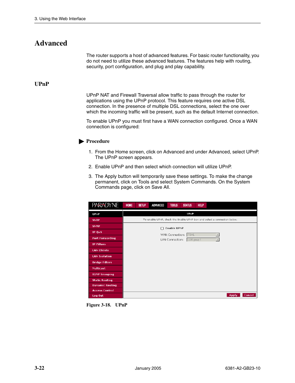 Advanced, Upnp | Paradyne 6381-A3 User Manual | Page 50 / 78