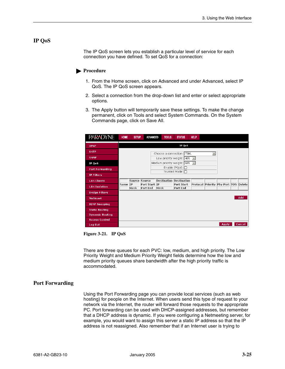 Ip qos, Port forwarding | Paradyne 6381-A3 User Manual | Page 53 / 78