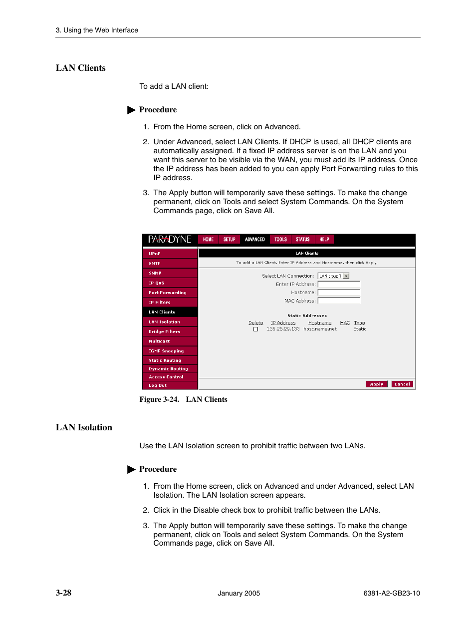 Lan clients, Lan isolation | Paradyne 6381-A3 User Manual | Page 56 / 78