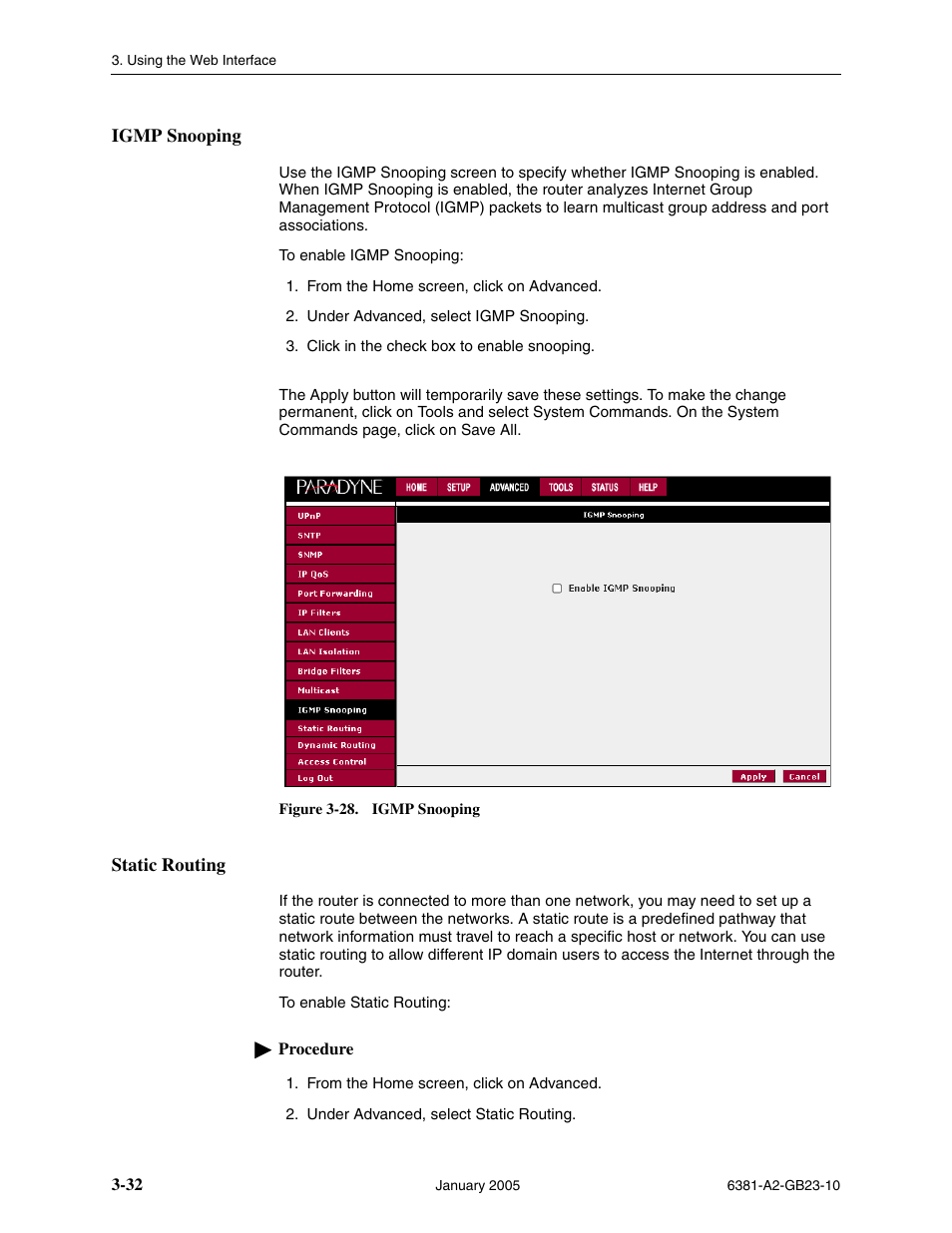 Igmp snooping, Static routing | Paradyne 6381-A3 User Manual | Page 60 / 78