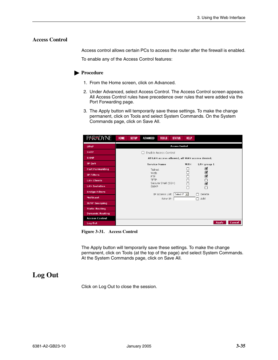 Access control, Log out | Paradyne 6381-A3 User Manual | Page 63 / 78
