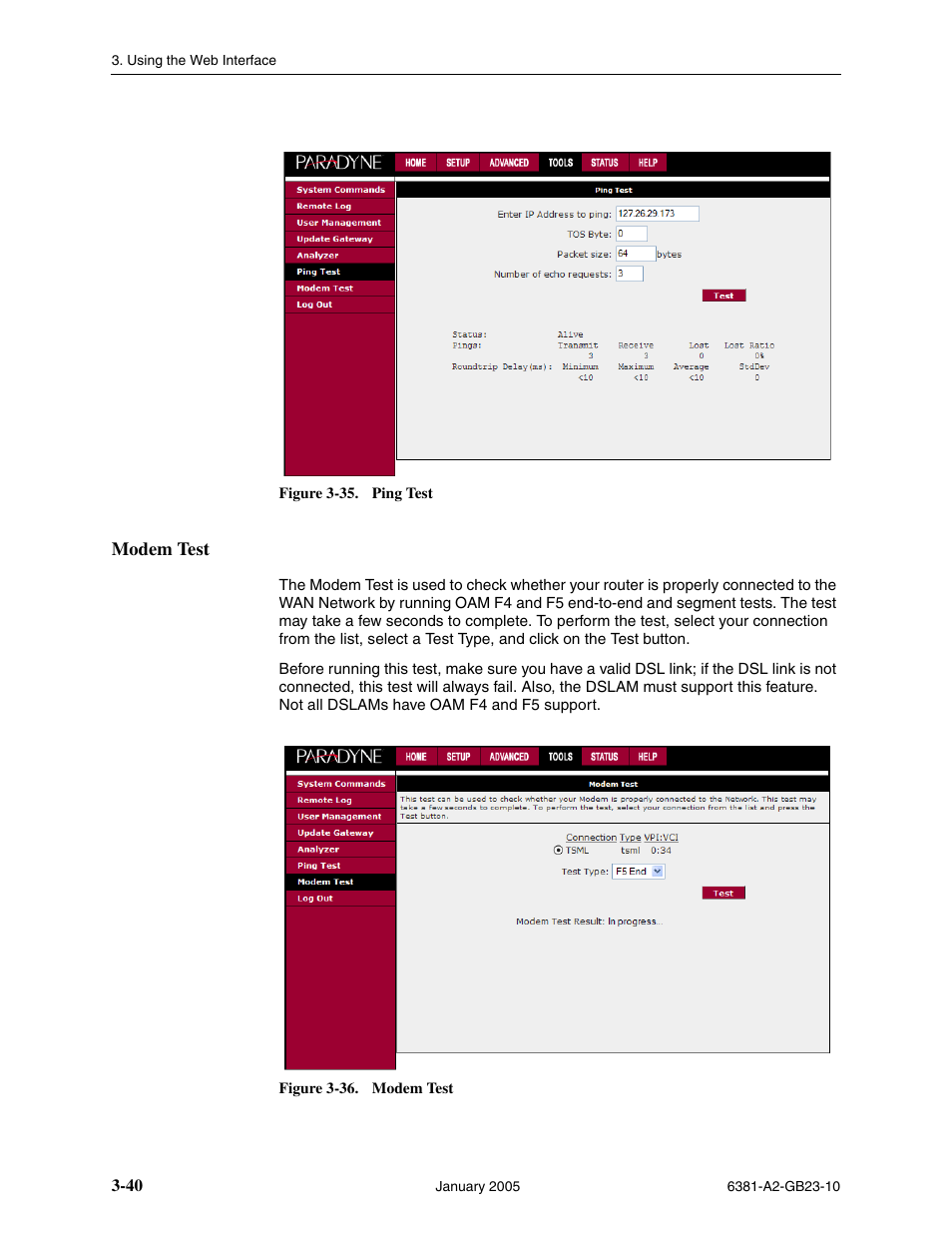 Modem test | Paradyne 6381-A3 User Manual | Page 68 / 78