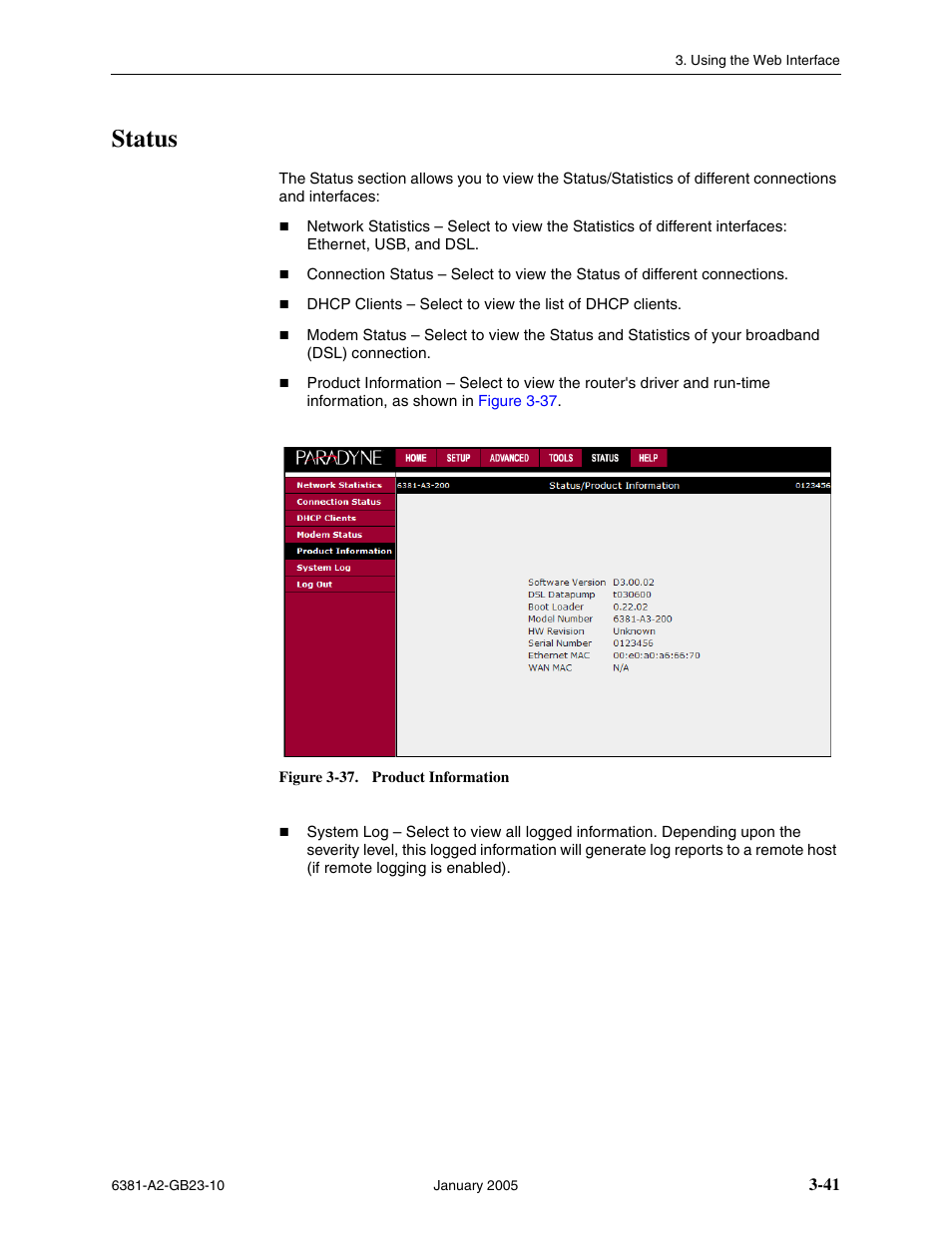 Status | Paradyne 6381-A3 User Manual | Page 69 / 78