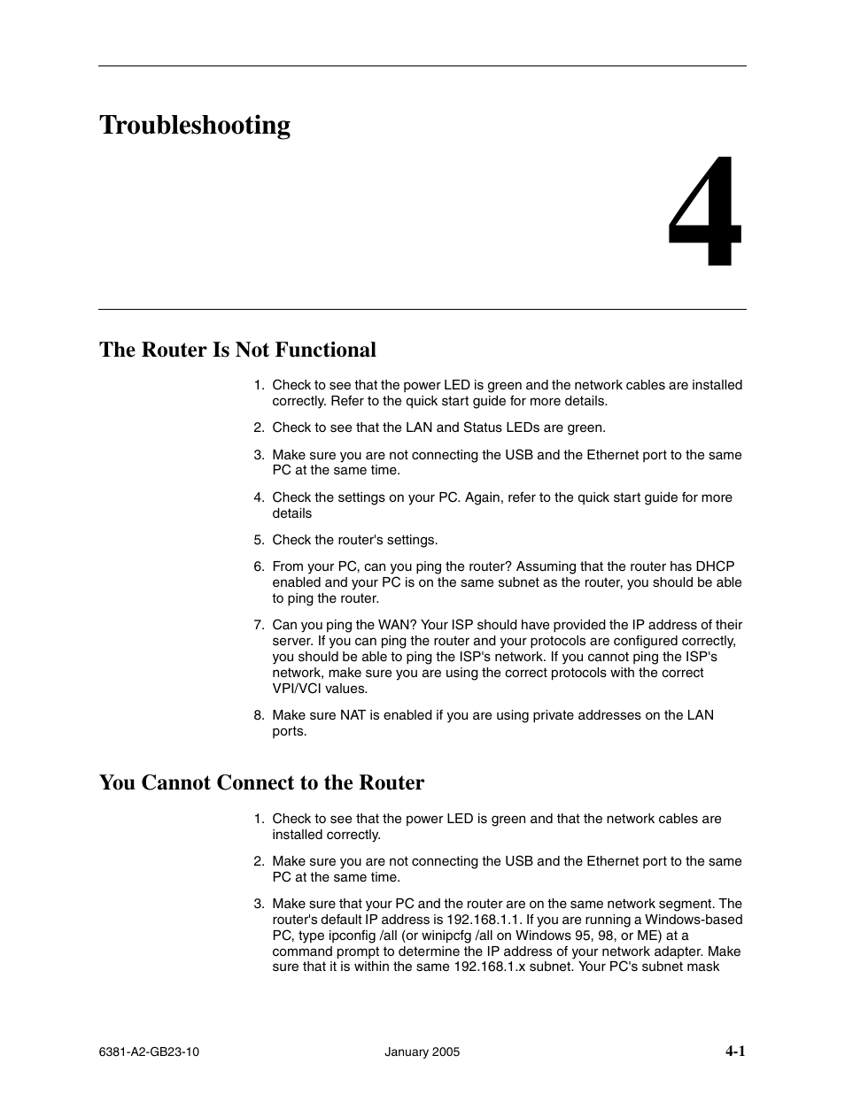 Troubleshooting, The router is not functional, You cannot connect to the router | Chapter 4, troubleshooting | Paradyne 6381-A3 User Manual | Page 71 / 78