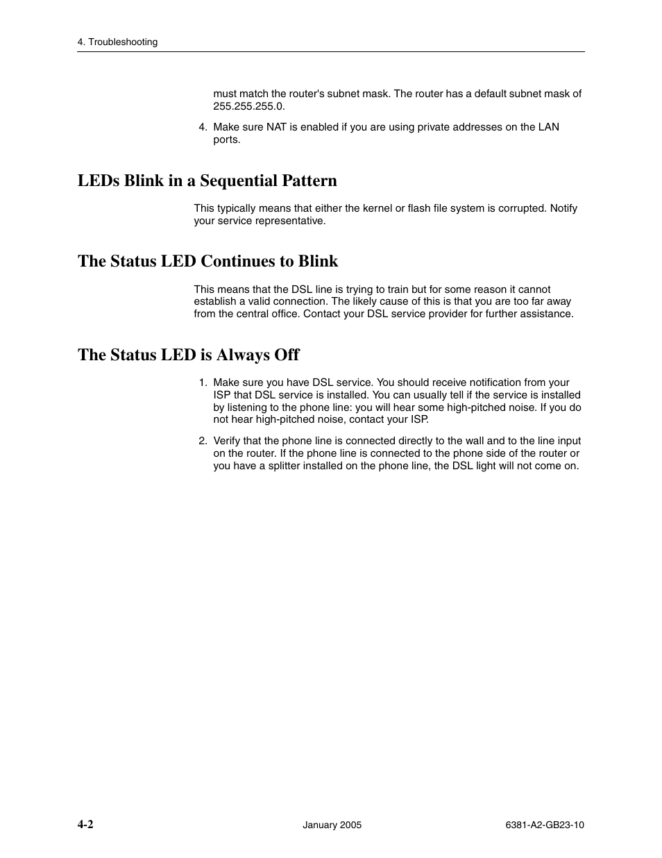Leds blink in a sequential pattern, The status led continues to blink, The status led is always off | Paradyne 6381-A3 User Manual | Page 72 / 78