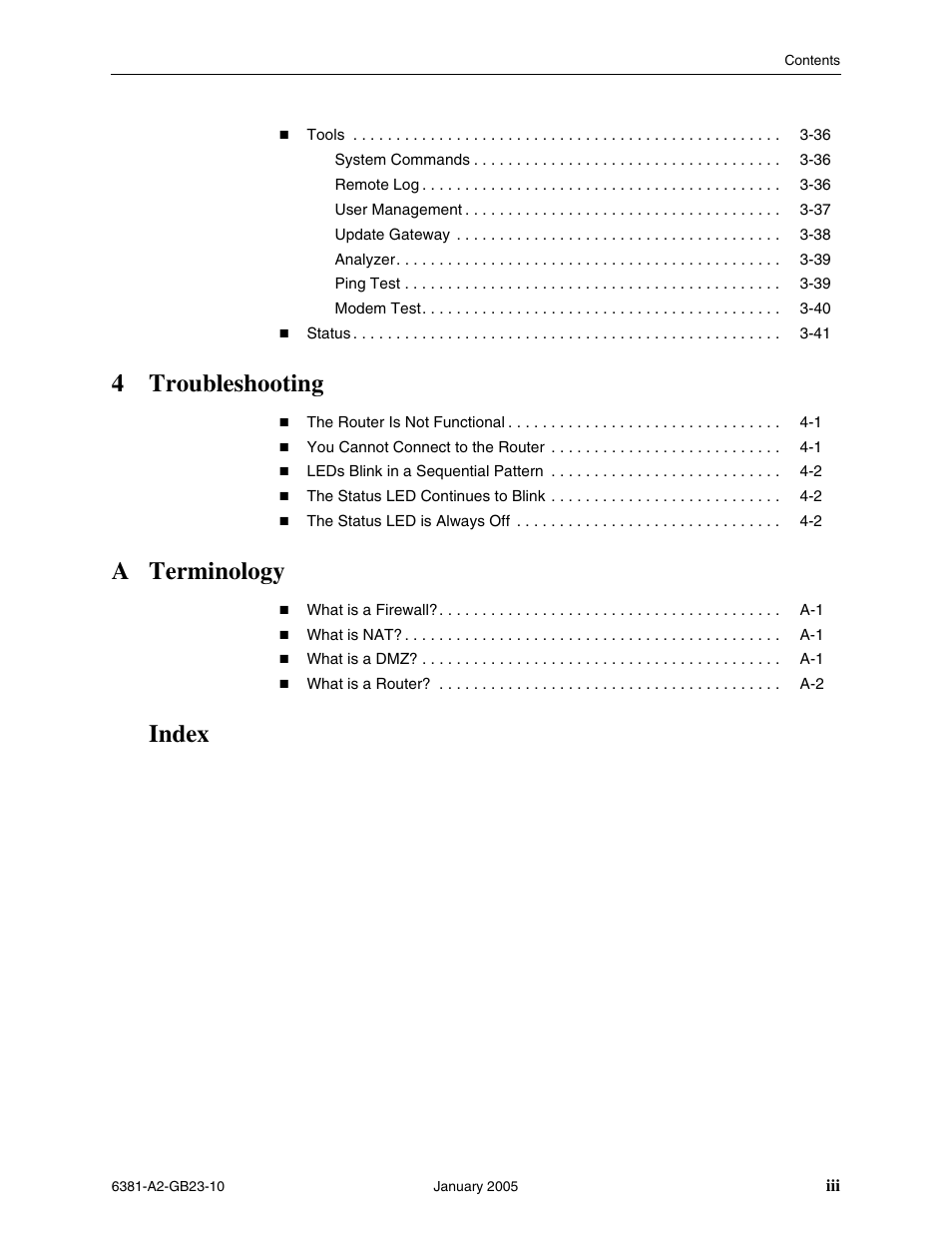 4troubleshooting, A terminology, Index | Paradyne 6381-A3 User Manual | Page 9 / 78