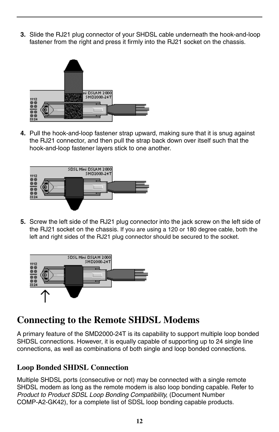 Connecting to the remote shdsl modems, Loop bonded shdsl connection | Paradyne 24-Port SHDSL Mini DSLAM SMD2000-24T User Manual | Page 12 / 32