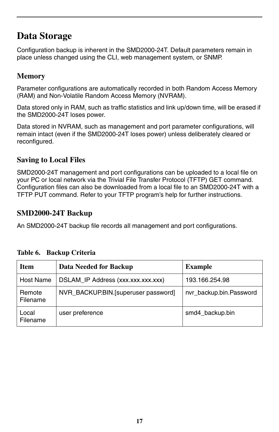 Data storage, Memory, Saving to local files | Smd2000-24t backup | Paradyne 24-Port SHDSL Mini DSLAM SMD2000-24T User Manual | Page 17 / 32