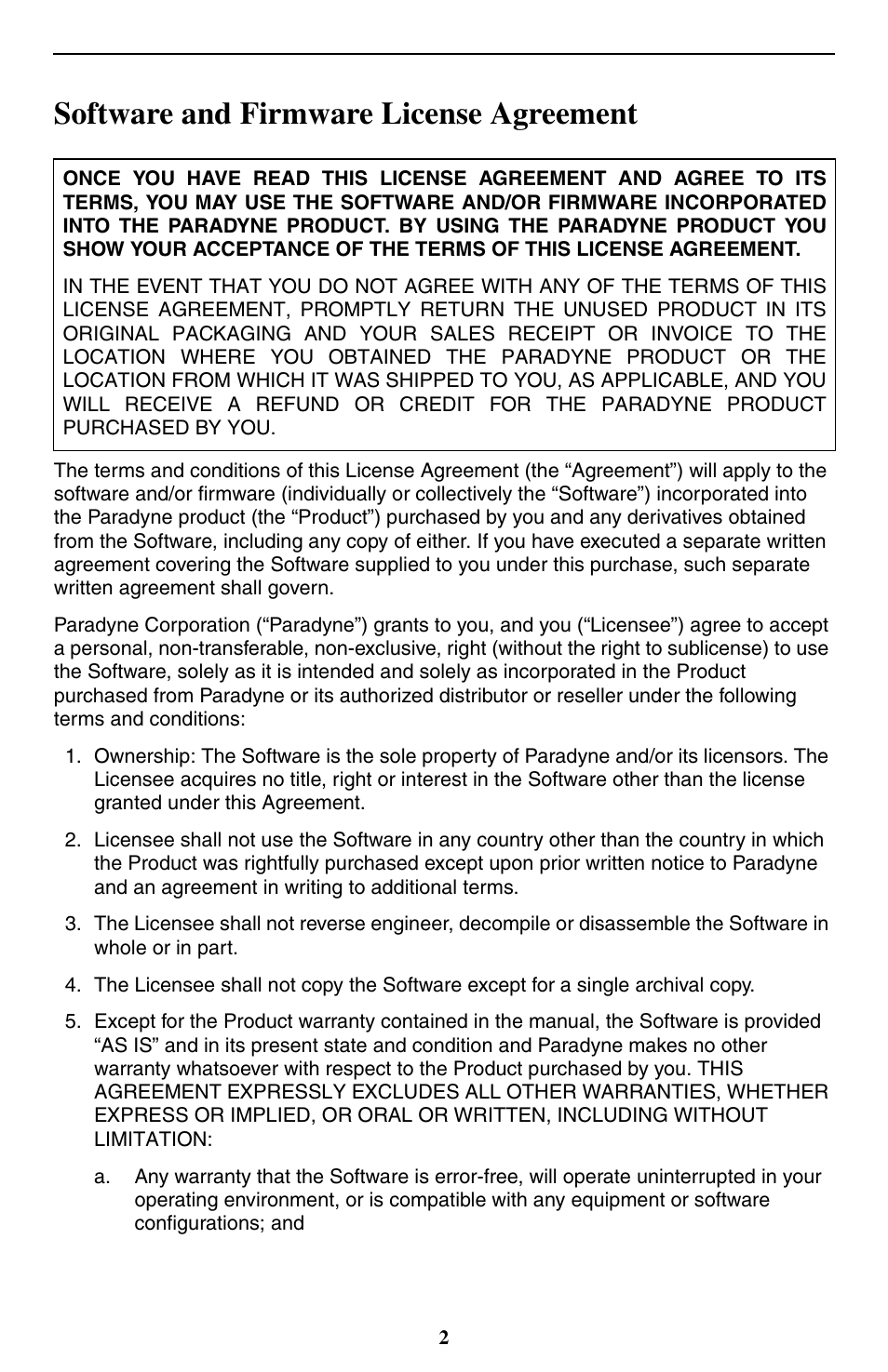 Software and firmware license agreement | Paradyne 24-Port SHDSL Mini DSLAM SMD2000-24T User Manual | Page 2 / 32