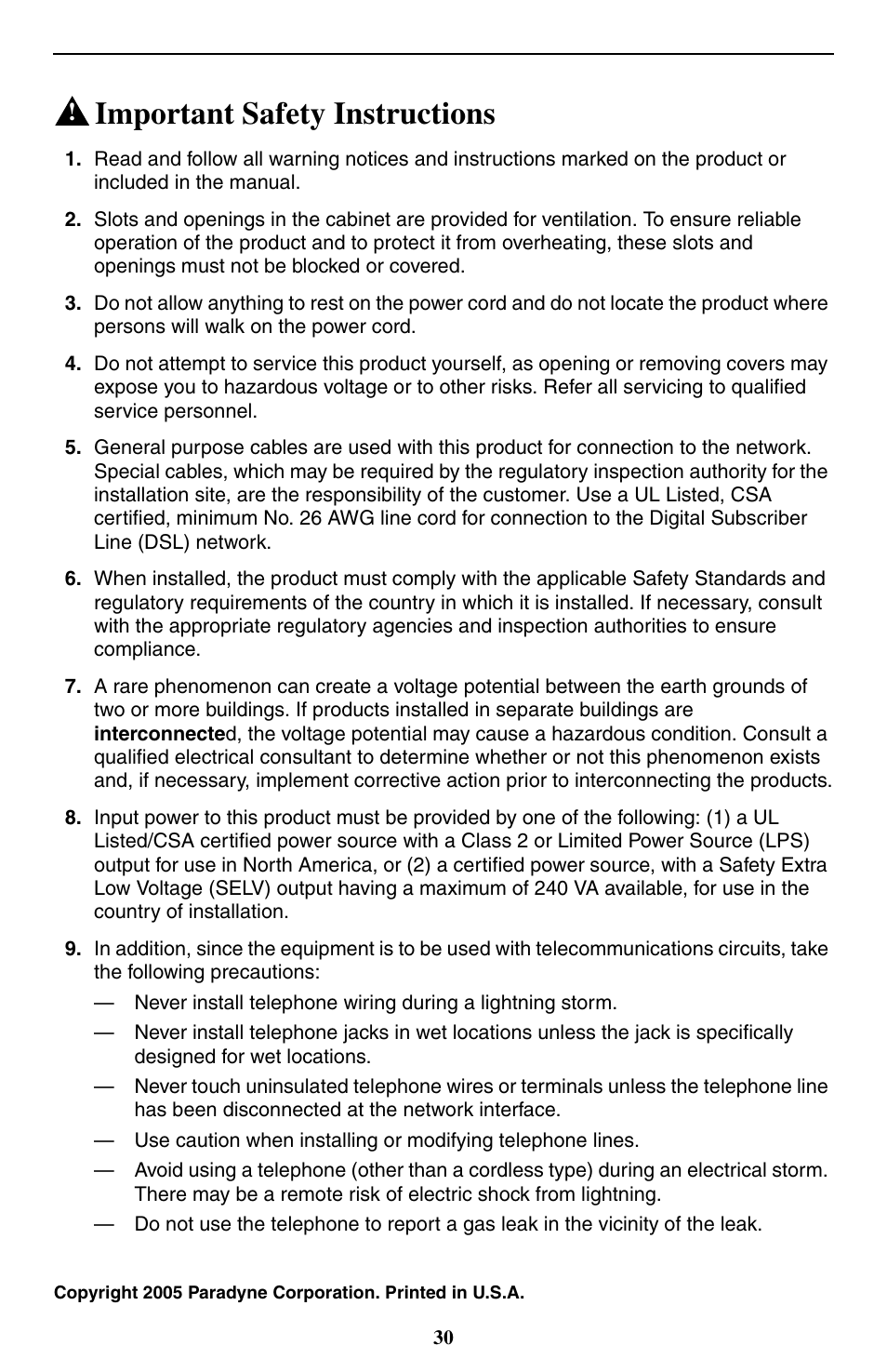 Important safety instructions | Paradyne 24-Port SHDSL Mini DSLAM SMD2000-24T User Manual | Page 30 / 32