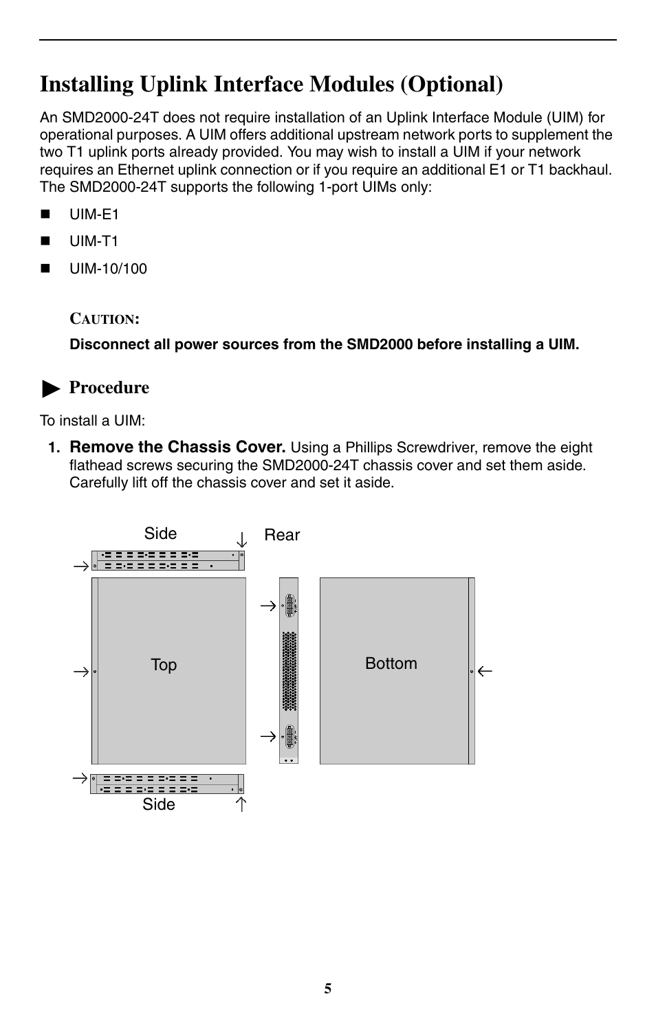 Installing uplink interface modules (optional), Procedure | Paradyne 24-Port SHDSL Mini DSLAM SMD2000-24T User Manual | Page 5 / 32