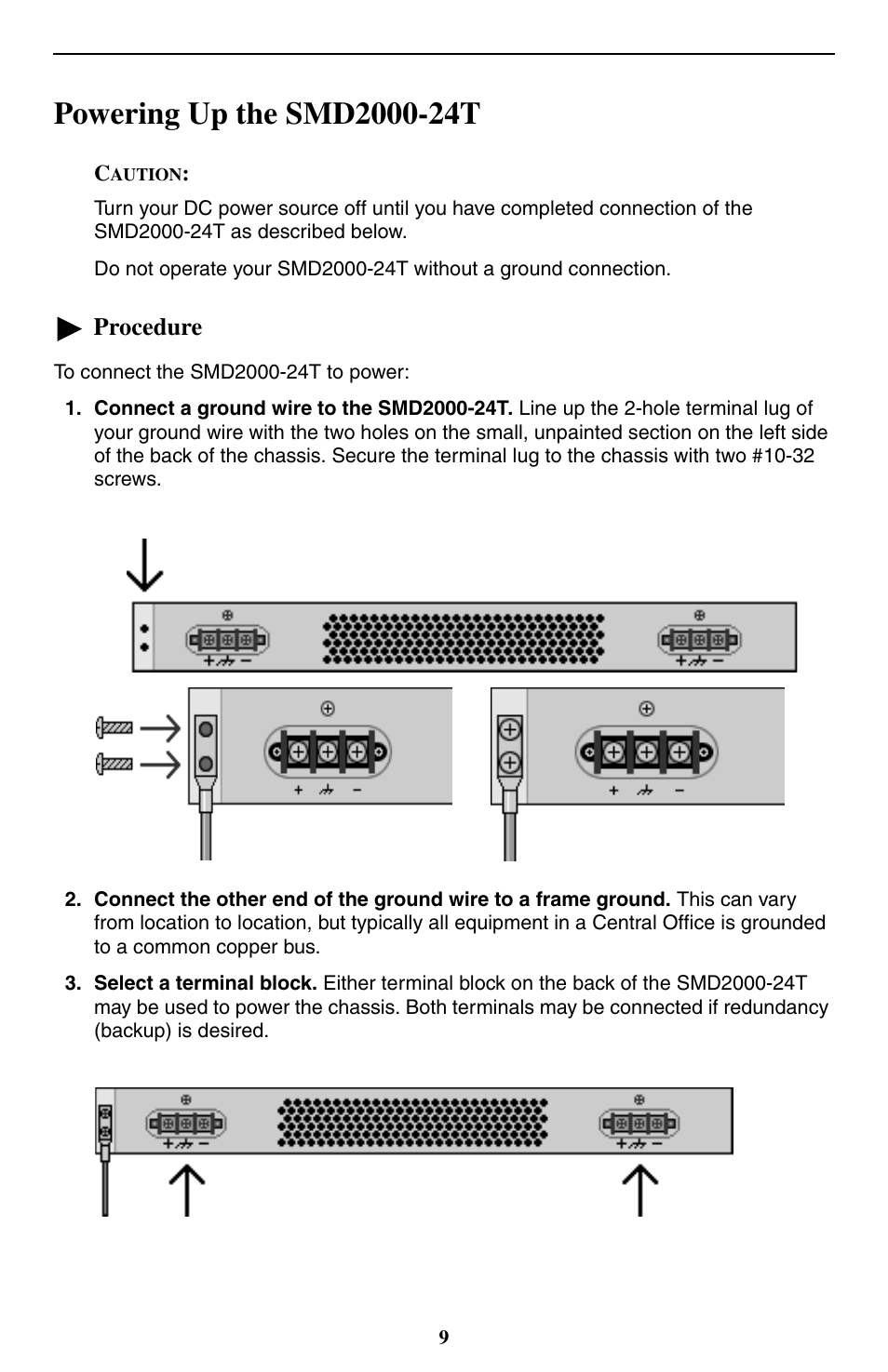 Powering up the smd2000-24t, Procedure | Paradyne 24-Port SHDSL Mini DSLAM SMD2000-24T User Manual | Page 9 / 32
