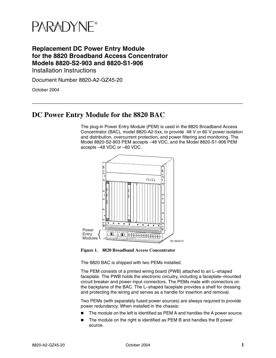 Paradyne DC Power Entry Module 8820-S1-906 User Manual | 4 pages