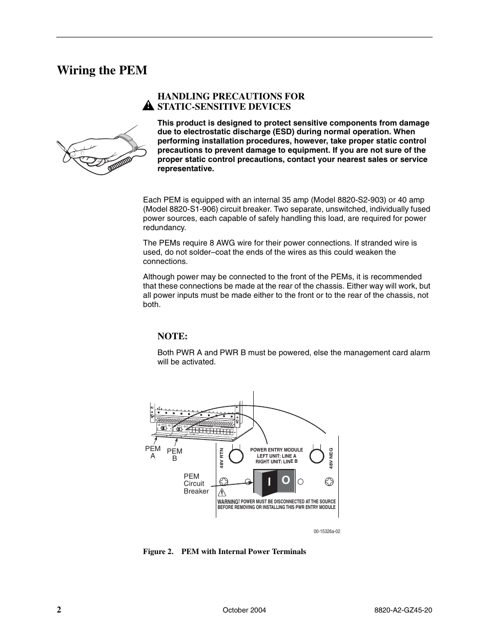 Wiring the pem, Handling precautions for static-sensitive devices | Paradyne DC Power Entry Module 8820-S1-906 User Manual | Page 2 / 4