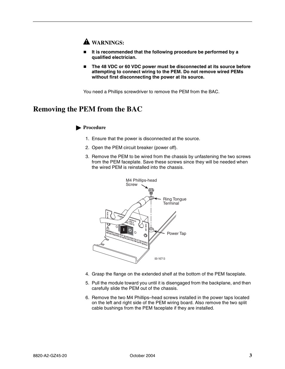 Removing the pem from the bac, Warnings, Procedure | Paradyne DC Power Entry Module 8820-S1-906 User Manual | Page 3 / 4