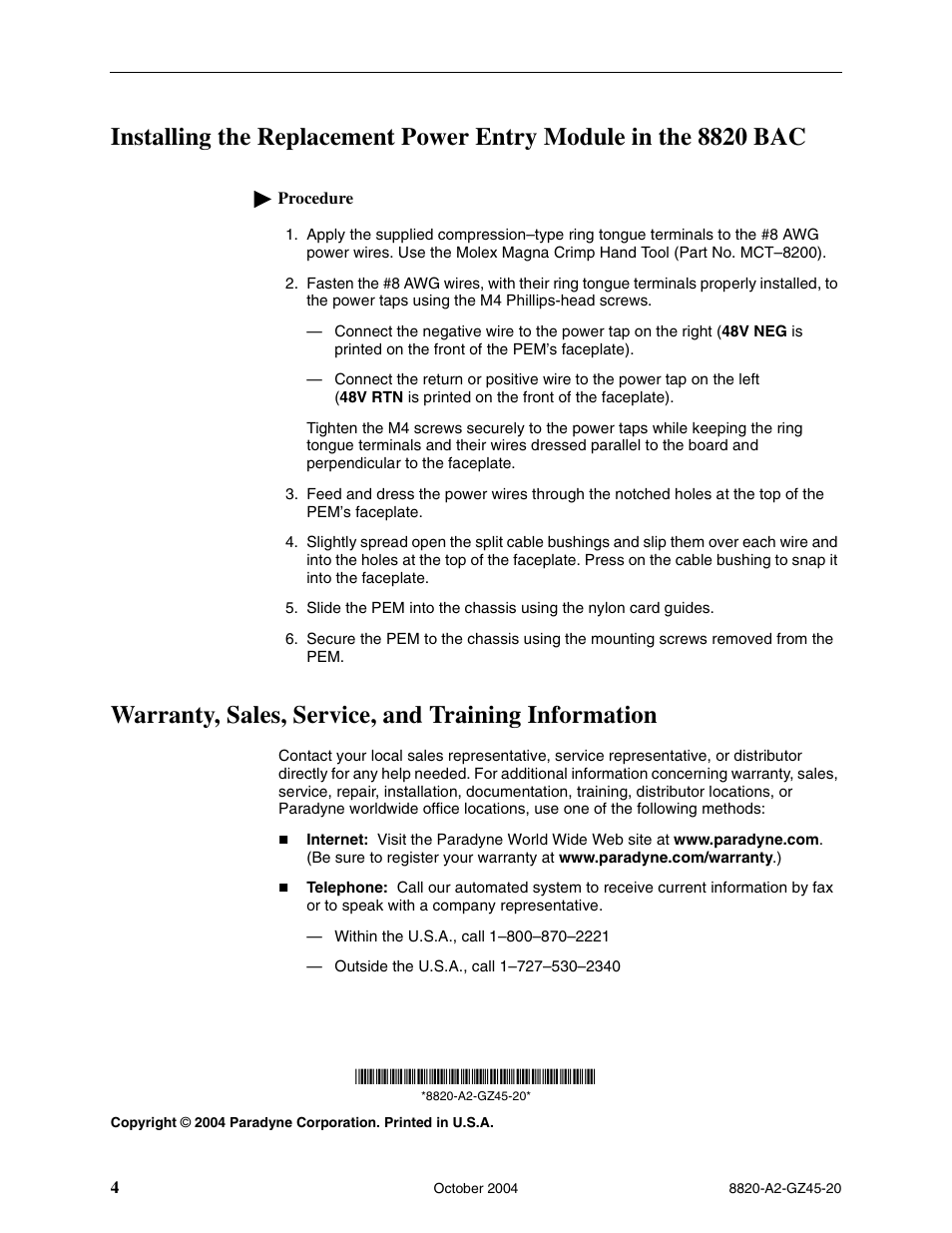 Warranty, sales, service, and training information | Paradyne DC Power Entry Module 8820-S1-906 User Manual | Page 4 / 4