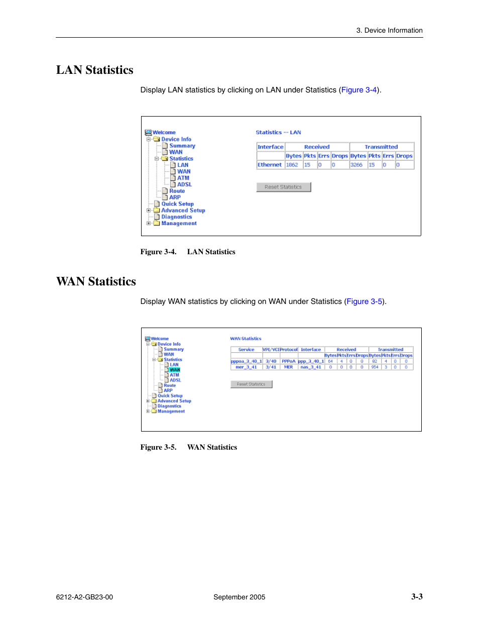 Lan statistics, Wan statistics | Paradyne 6212-I1 User Manual | Page 31 / 86