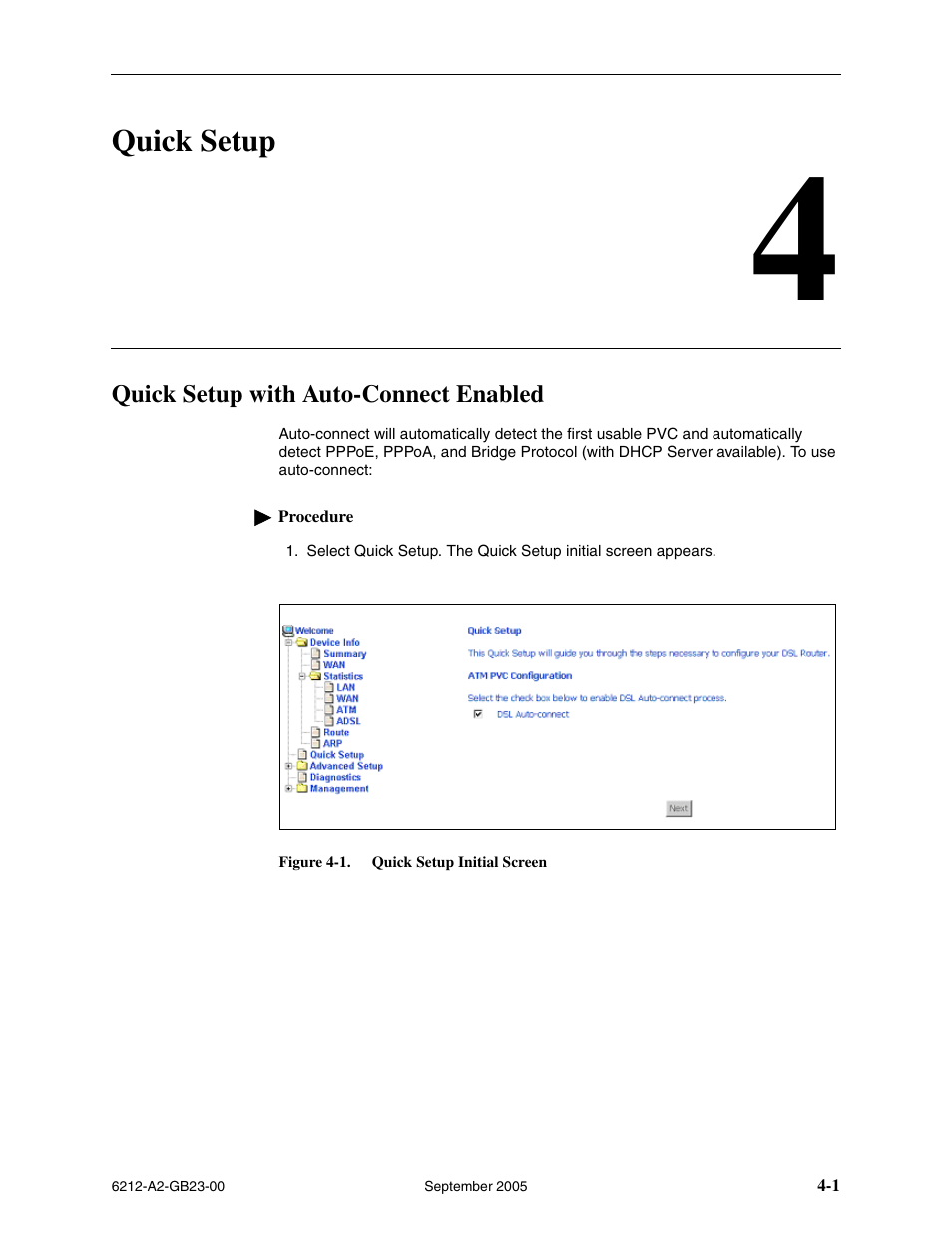 Quick setup, Quick setup with auto-connect enabled, Chapter 4, quick setup | Paradyne 6212-I1 User Manual | Page 35 / 86