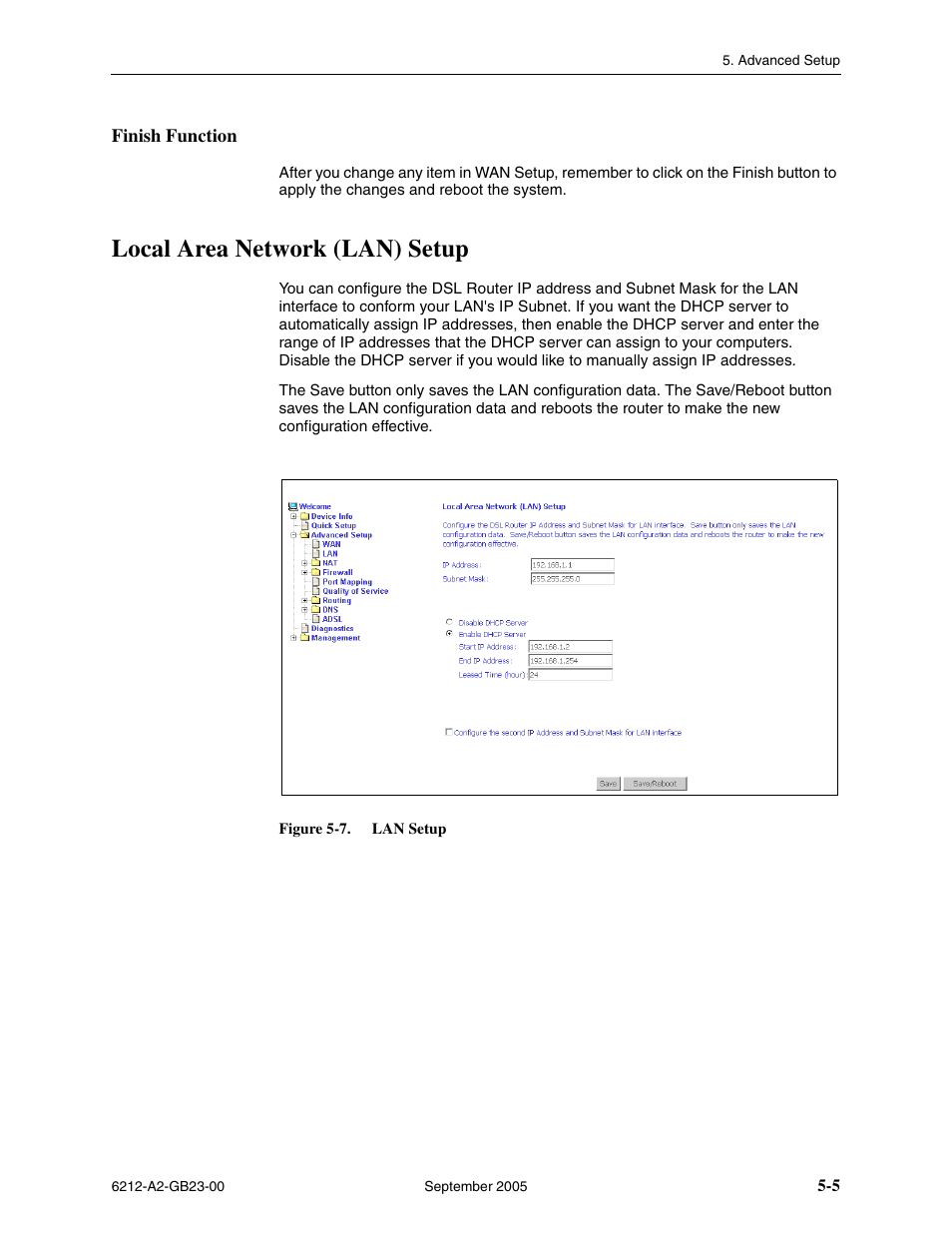 Finish function, Local area network (lan) setup | Paradyne 6212-I1 User Manual | Page 45 / 86