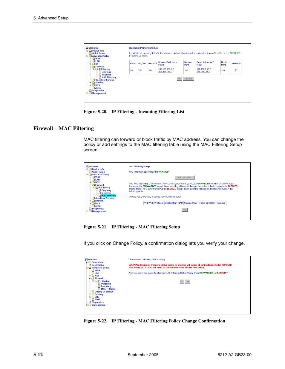 Firewall - mac filtering, Firewall – mac filtering | Paradyne 6212-I1 User Manual | Page 52 / 86