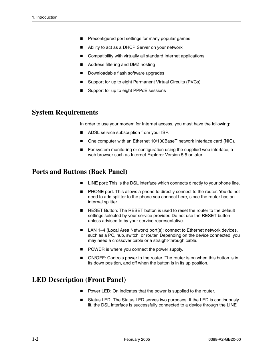 System requirements, Ports and buttons (back panel), Led description (front panel) | Paradyne 6388 User Manual | Page 14 / 86