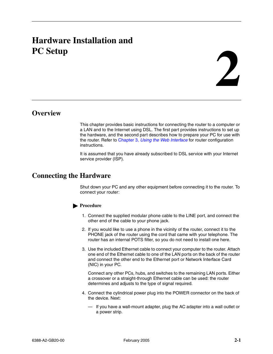 Hardware installation and pc setup, Overview, Connecting the hardware | Chapter 2, hardware installation and pc setup | Paradyne 6388 User Manual | Page 17 / 86