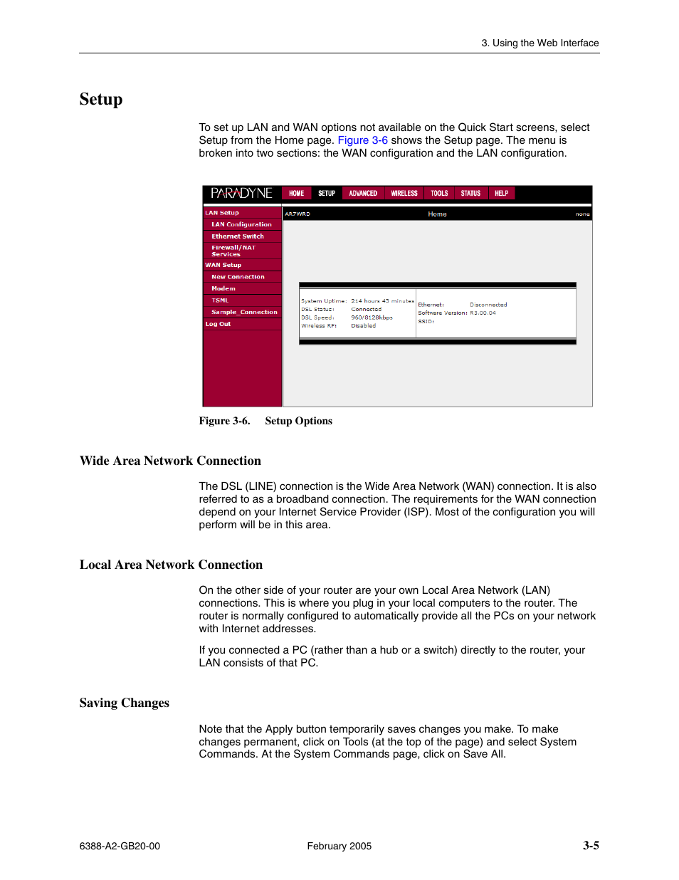 Setup, Wide area network connection, Local area network connection | Saving changes | Paradyne 6388 User Manual | Page 29 / 86