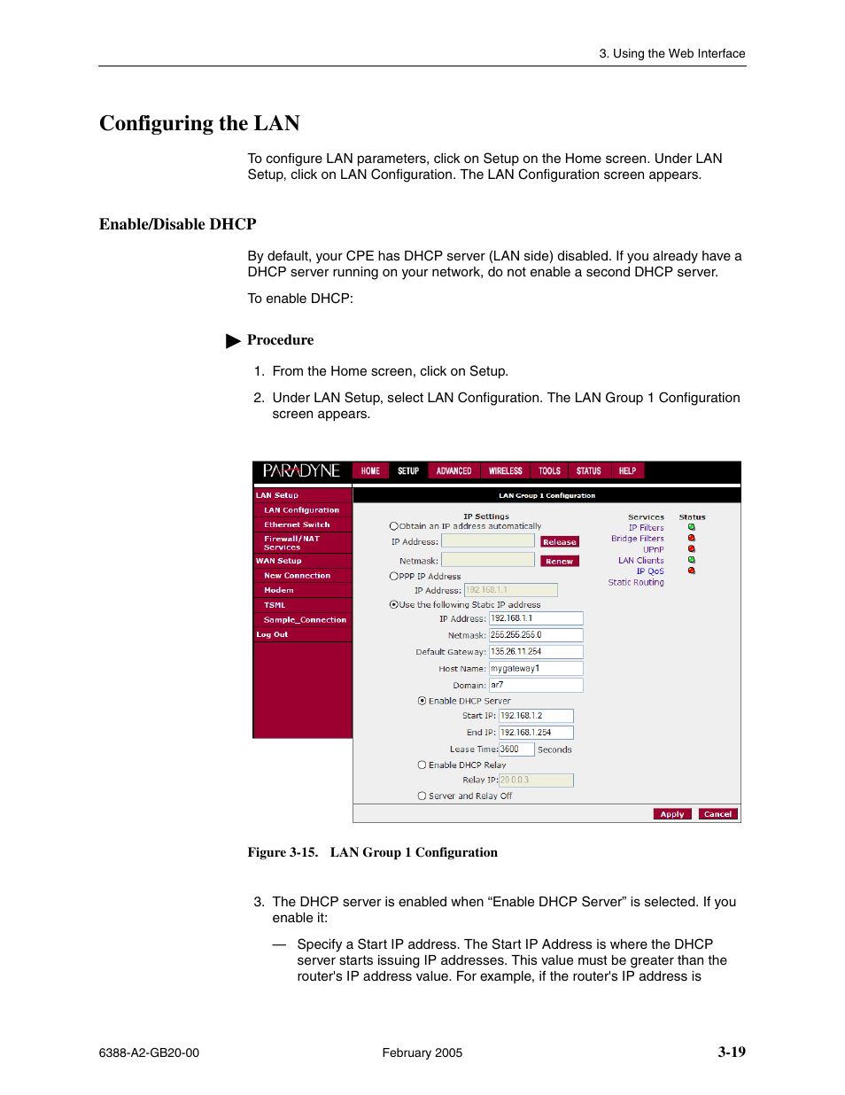 Configuring the lan, Enable/disable dhcp | Paradyne 6388 User Manual | Page 43 / 86