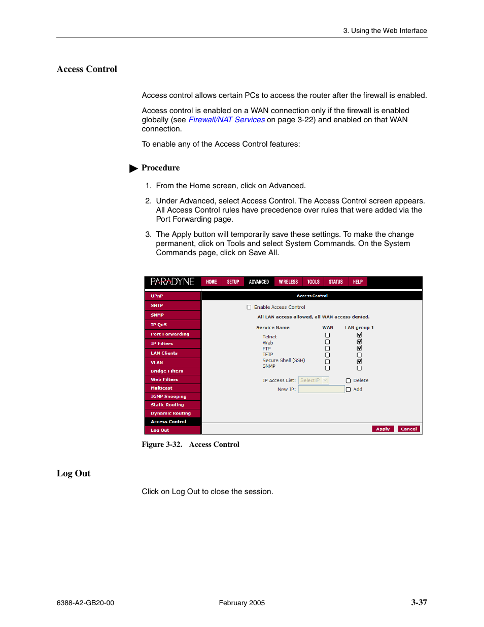 Access control, Log out | Paradyne 6388 User Manual | Page 61 / 86