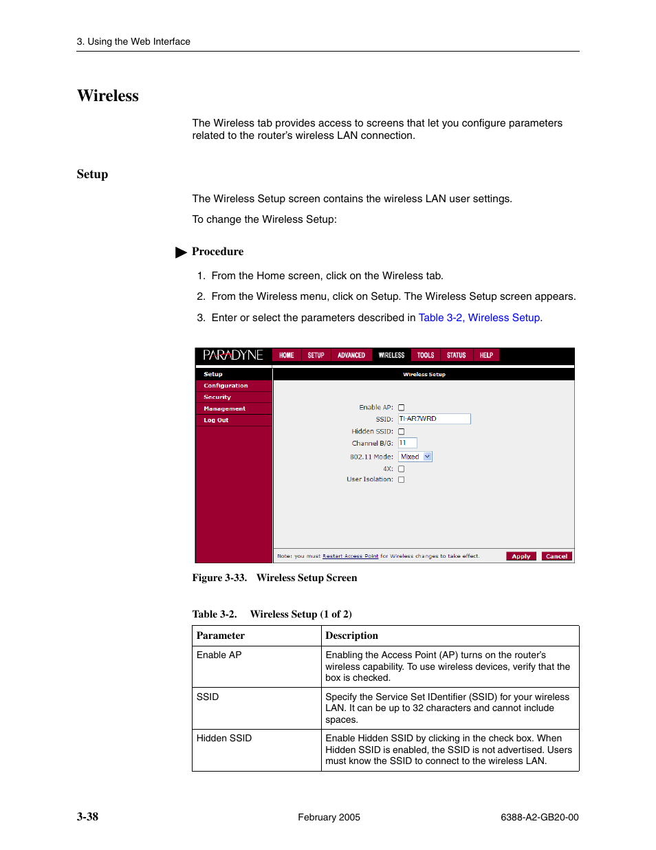 Wireless, Setup | Paradyne 6388 User Manual | Page 62 / 86