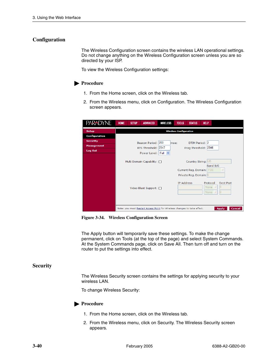 Configuration, Security | Paradyne 6388 User Manual | Page 64 / 86